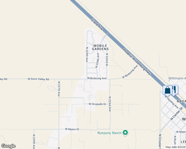 map of restaurants, bars, coffee shops, grocery stores, and more near 22417 West Pleasant Lane in Wittmann
