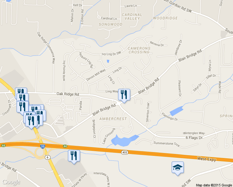 map of restaurants, bars, coffee shops, grocery stores, and more near 1223 Ling Way in Austell