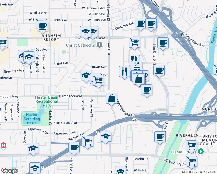 map of restaurants, bars, coffee shops, grocery stores, and more near 12419 South Lewis Street in Garden Grove