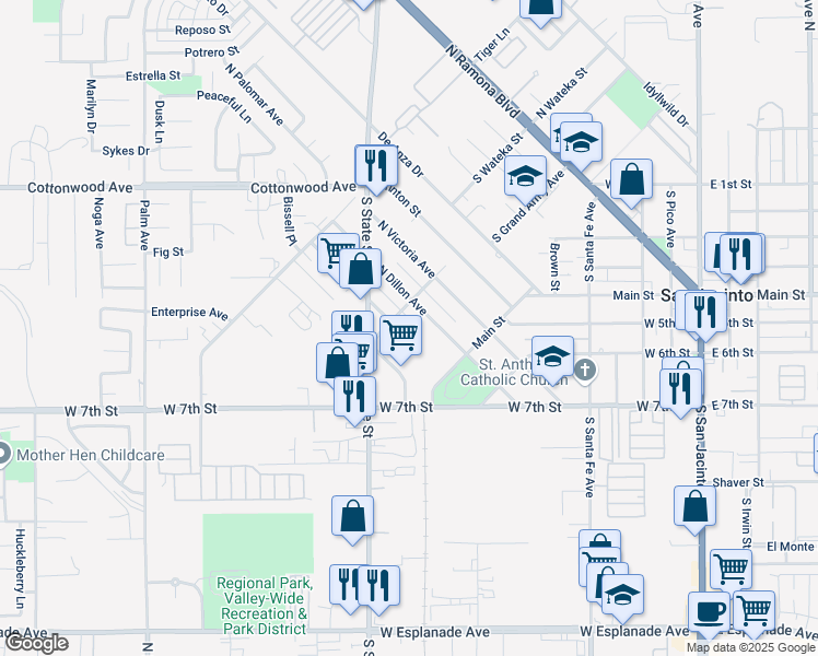 map of restaurants, bars, coffee shops, grocery stores, and more near 143 North Scovell Avenue in San Jacinto