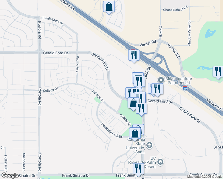 map of restaurants, bars, coffee shops, grocery stores, and more near Gerald Ford Drive in Palm Desert