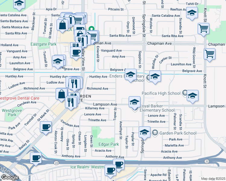map of restaurants, bars, coffee shops, grocery stores, and more near 6232 Richmond Avenue in Garden Grove