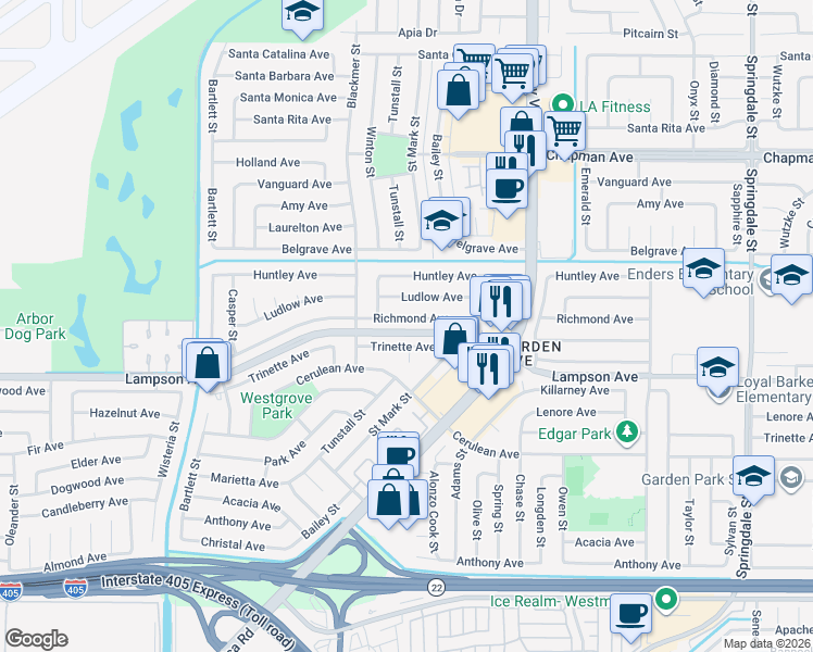 map of restaurants, bars, coffee shops, grocery stores, and more near 5722 Richmond Avenue in Garden Grove