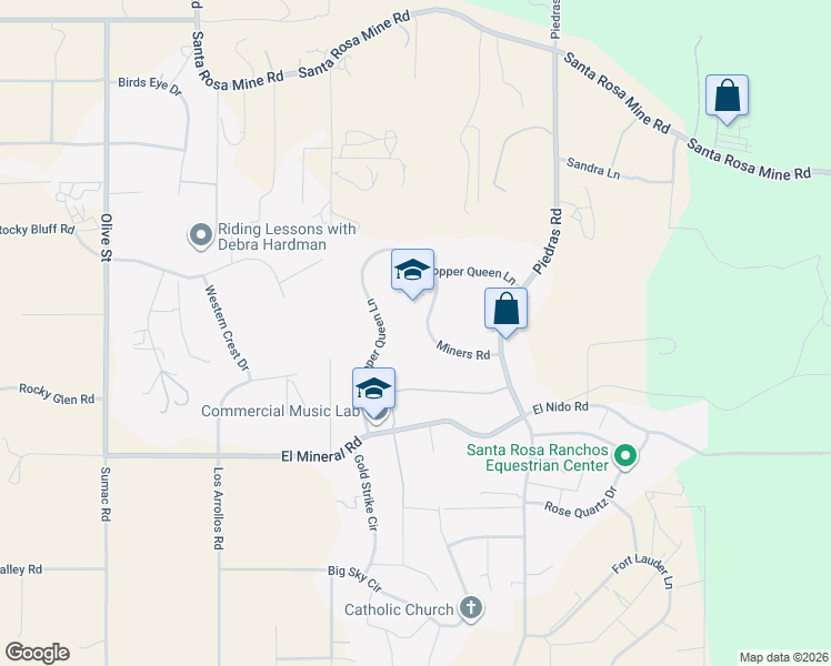 map of restaurants, bars, coffee shops, grocery stores, and more near 23093 Miners Road in Perris