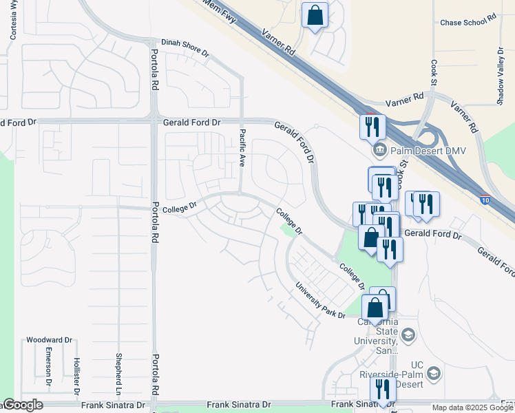 map of restaurants, bars, coffee shops, grocery stores, and more near 36209 Warren Drive in Palm Desert