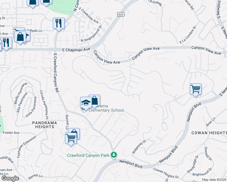 map of restaurants, bars, coffee shops, grocery stores, and more near 6142 East West View Drive in Orange
