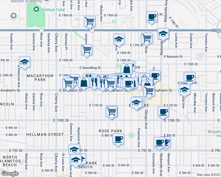 map of restaurants, bars, coffee shops, grocery stores, and more near 2701 East Anaheim Street in Long Beach