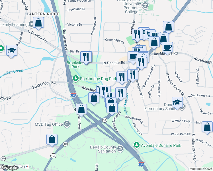 map of restaurants, bars, coffee shops, grocery stores, and more near 3682 Rockbridge Road Southwest in Stone Mountain