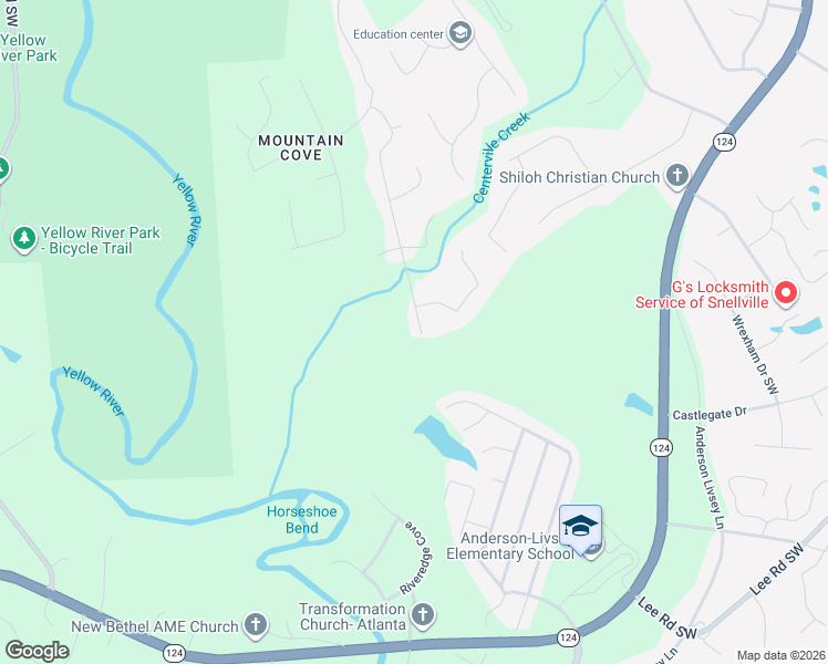 map of restaurants, bars, coffee shops, grocery stores, and more near 3951 Mountain Way Cove in Snellville