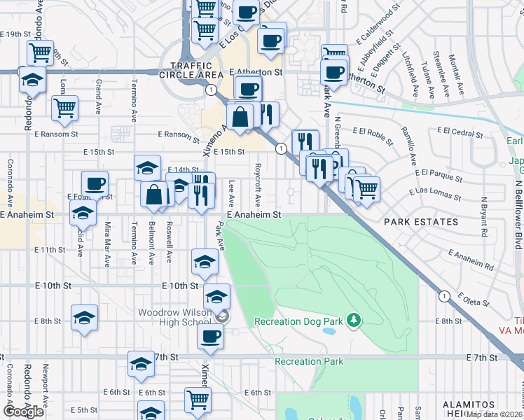 map of restaurants, bars, coffee shops, grocery stores, and more near 4701 East Anaheim Street in Long Beach