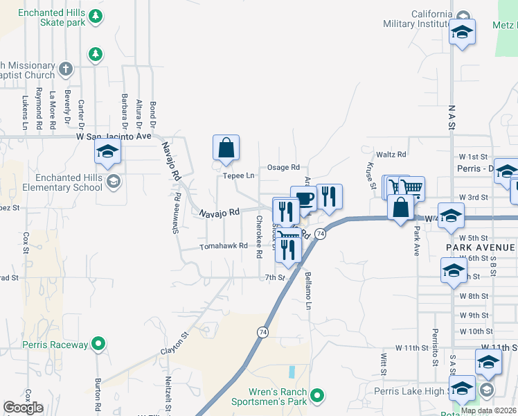 map of restaurants, bars, coffee shops, grocery stores, and more near Cherokee Road in Perris