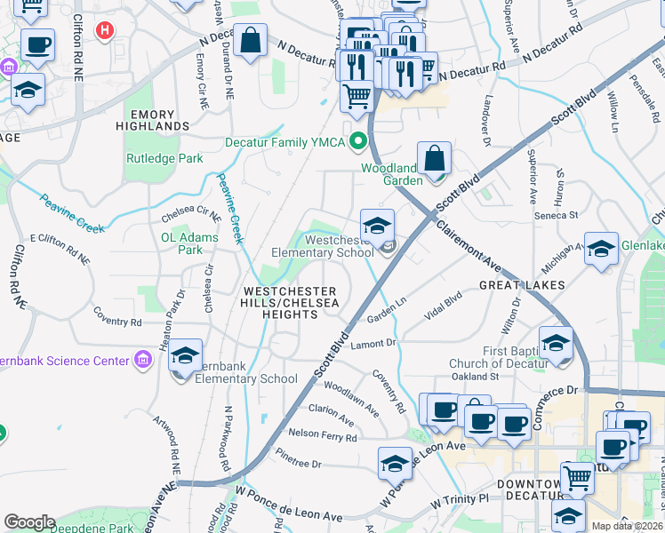 map of restaurants, bars, coffee shops, grocery stores, and more near 149 Mockingbird Lane in Decatur