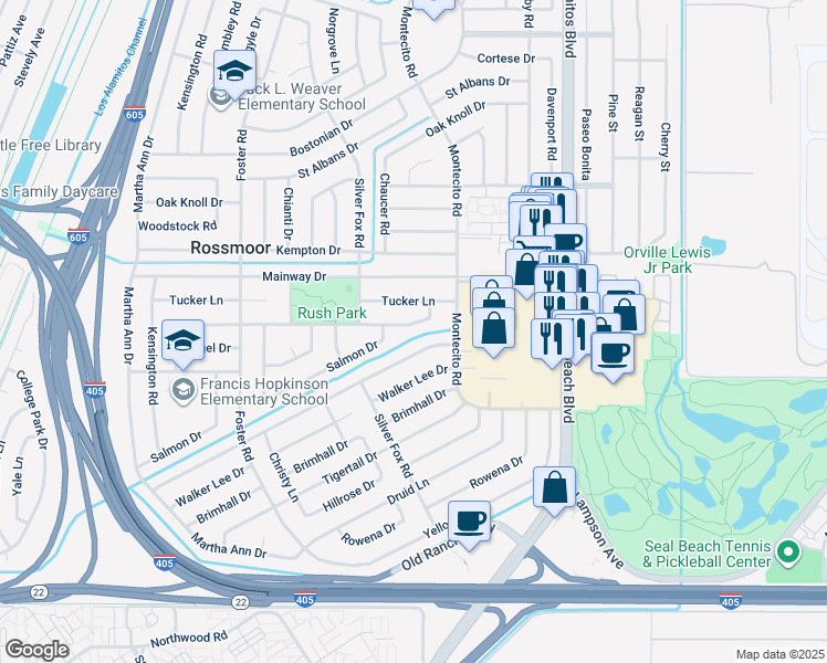 map of restaurants, bars, coffee shops, grocery stores, and more near 3202 Blume Drive in Rossmoor