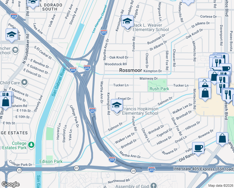 map of restaurants, bars, coffee shops, grocery stores, and more near 12362 Wembley Road in Los Alamitos