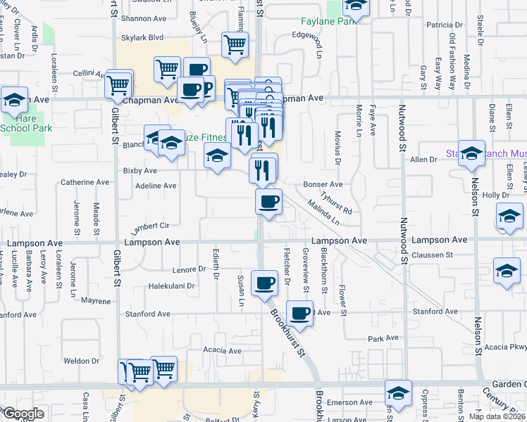 map of restaurants, bars, coffee shops, grocery stores, and more near 12364 Brookhurst Street in Garden Grove