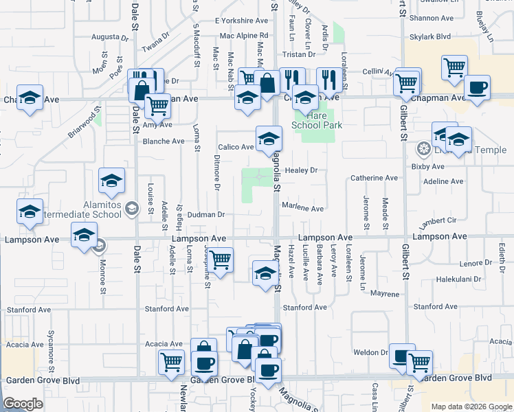 map of restaurants, bars, coffee shops, grocery stores, and more near in Garden Grove