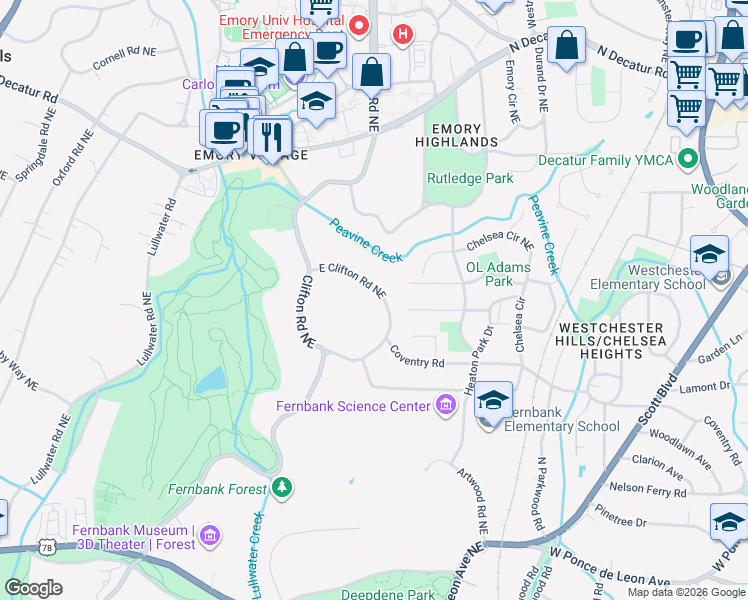 map of restaurants, bars, coffee shops, grocery stores, and more near 1754 East Clifton Road Northeast in Atlanta