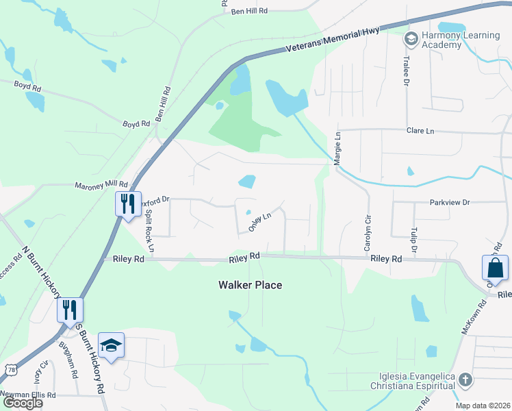 map of restaurants, bars, coffee shops, grocery stores, and more near 834 Longbranch Lane in Douglasville