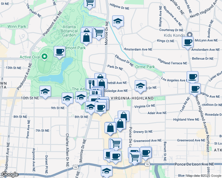 map of restaurants, bars, coffee shops, grocery stores, and more near 638 Cooledge Avenue Northeast in Atlanta