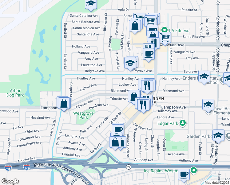 map of restaurants, bars, coffee shops, grocery stores, and more near 5722 Richmond Avenue in Garden Grove