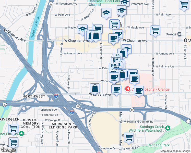 map of restaurants, bars, coffee shops, grocery stores, and more near 352 South Devon Road in Orange