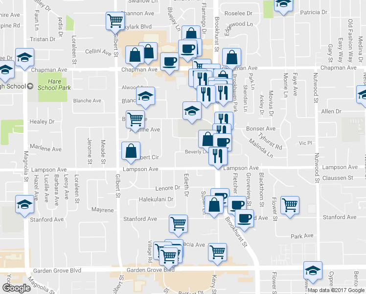 map of restaurants, bars, coffee shops, grocery stores, and more near 9811 Beverly Lane in Garden Grove