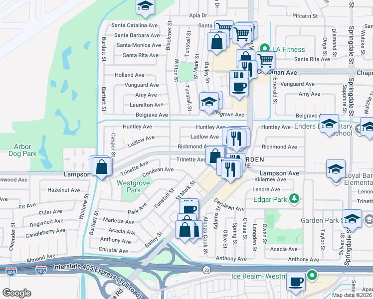 map of restaurants, bars, coffee shops, grocery stores, and more near 5722 Richmond Avenue in Garden Grove