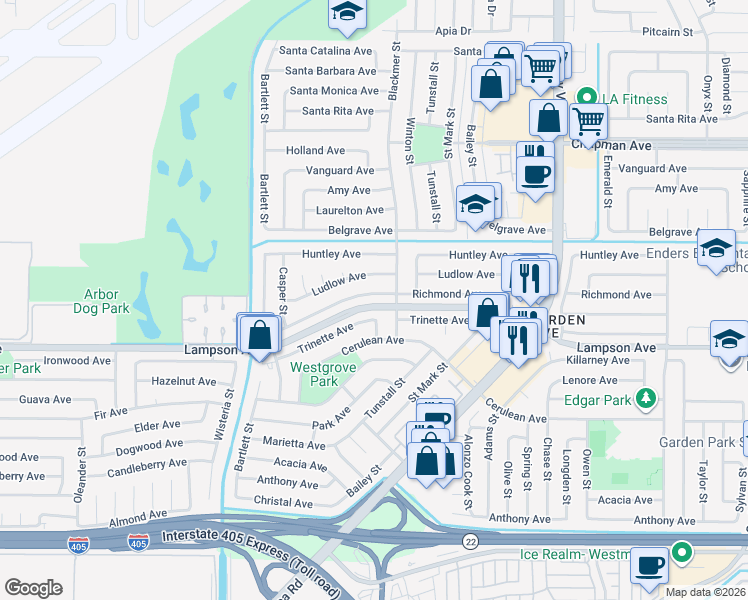 map of restaurants, bars, coffee shops, grocery stores, and more near 5532 Richmond Avenue in Garden Grove