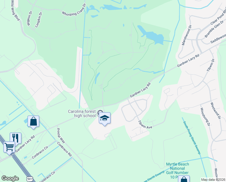 map of restaurants, bars, coffee shops, grocery stores, and more near 512 Wild Flower Trail in Myrtle Beach