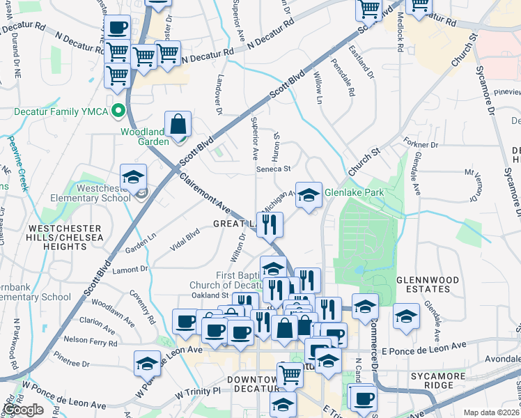 map of restaurants, bars, coffee shops, grocery stores, and more near 118 Michigan Avenue in Decatur