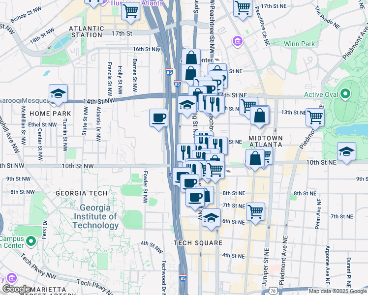 map of restaurants, bars, coffee shops, grocery stores, and more near 2001 Williams Street Northwest in Atlanta