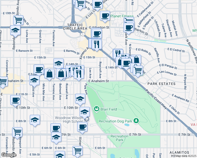 map of restaurants, bars, coffee shops, grocery stores, and more near 1321 Roycroft Avenue in Long Beach