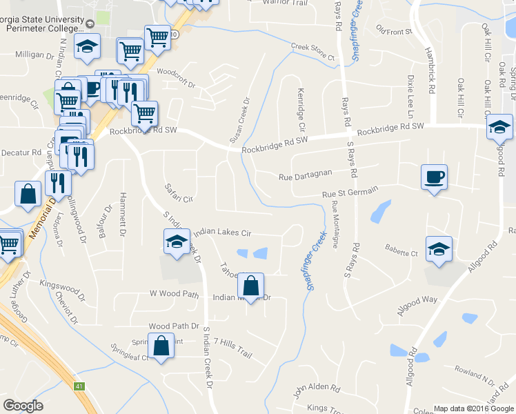 map of restaurants, bars, coffee shops, grocery stores, and more near 570 Tallwood Drive in Stone Mountain