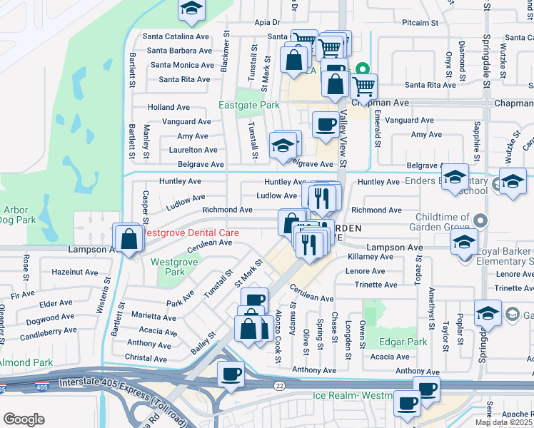 map of restaurants, bars, coffee shops, grocery stores, and more near 5742 Richmond Avenue in Garden Grove