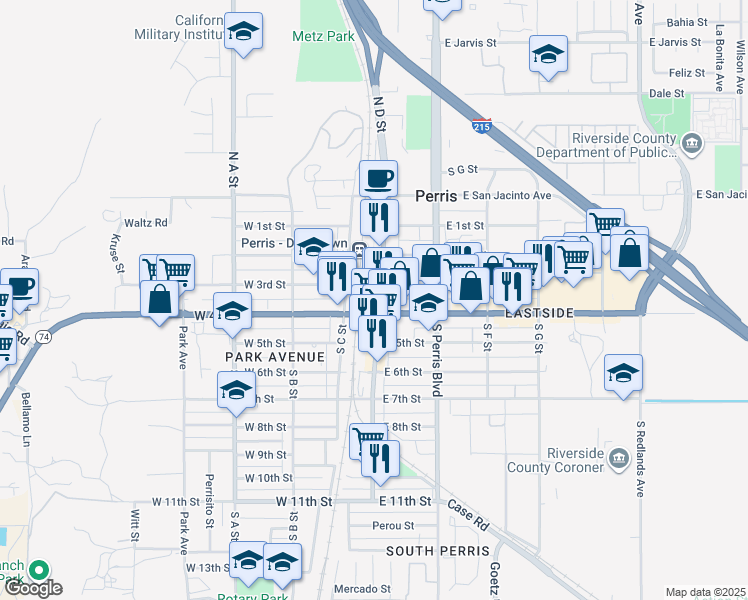 map of restaurants, bars, coffee shops, grocery stores, and more near in Perris