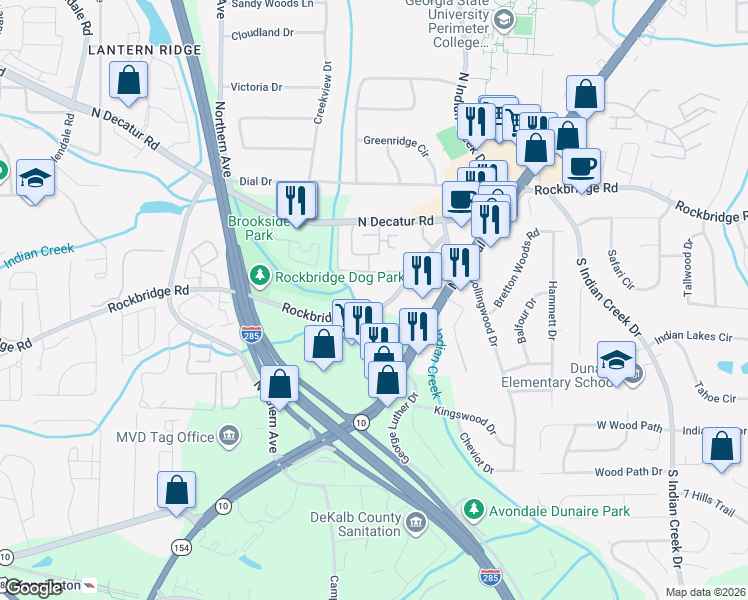 map of restaurants, bars, coffee shops, grocery stores, and more near 3682 Rockbridge Road Southwest in Stone Mountain