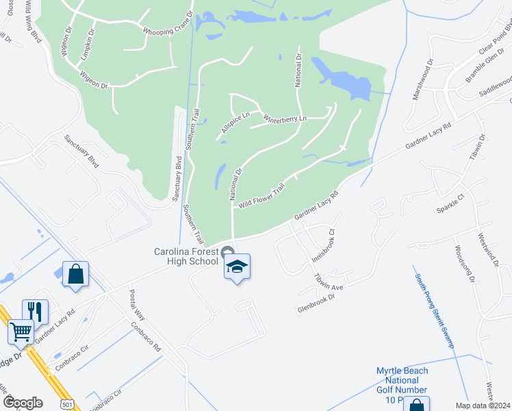 map of restaurants, bars, coffee shops, grocery stores, and more near 512 Wild Flower Trail in Myrtle Beach