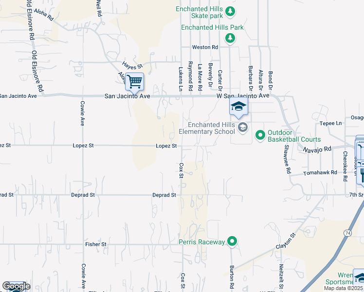 map of restaurants, bars, coffee shops, grocery stores, and more near Lopez Street in Perris
