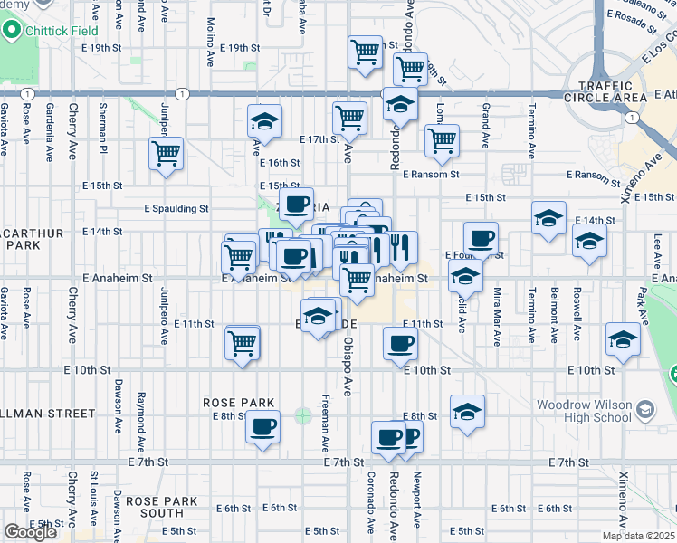 map of restaurants, bars, coffee shops, grocery stores, and more near 3123 East Anaheim Street in Long Beach