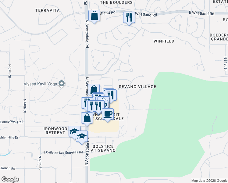 map of restaurants, bars, coffee shops, grocery stores, and more near 7363 East Dove Valley Road in Scottsdale