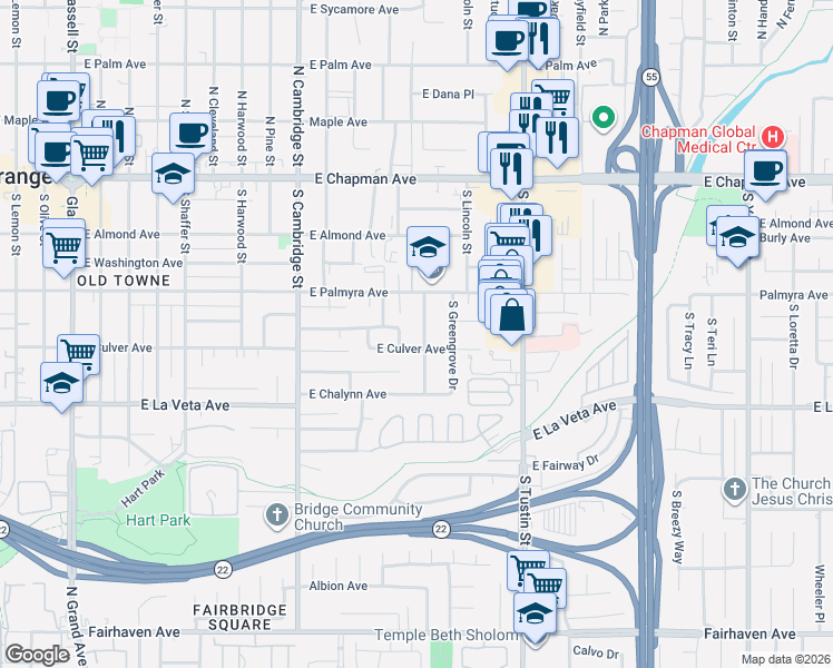 map of restaurants, bars, coffee shops, grocery stores, and more near 364 South California Street in Orange