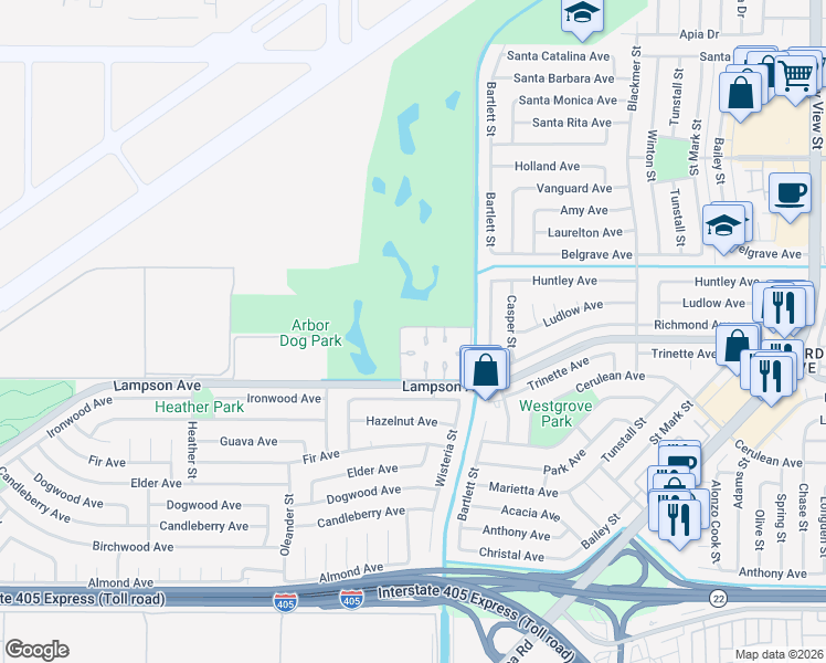 map of restaurants, bars, coffee shops, grocery stores, and more near 5042 Olympic Drive in Los Alamitos