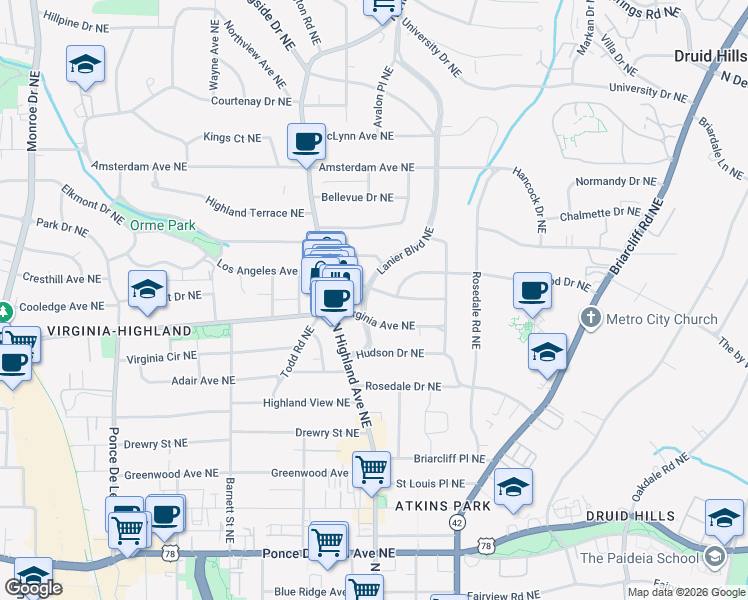 map of restaurants, bars, coffee shops, grocery stores, and more near 1037 Lanier Boulevard Northeast in Atlanta