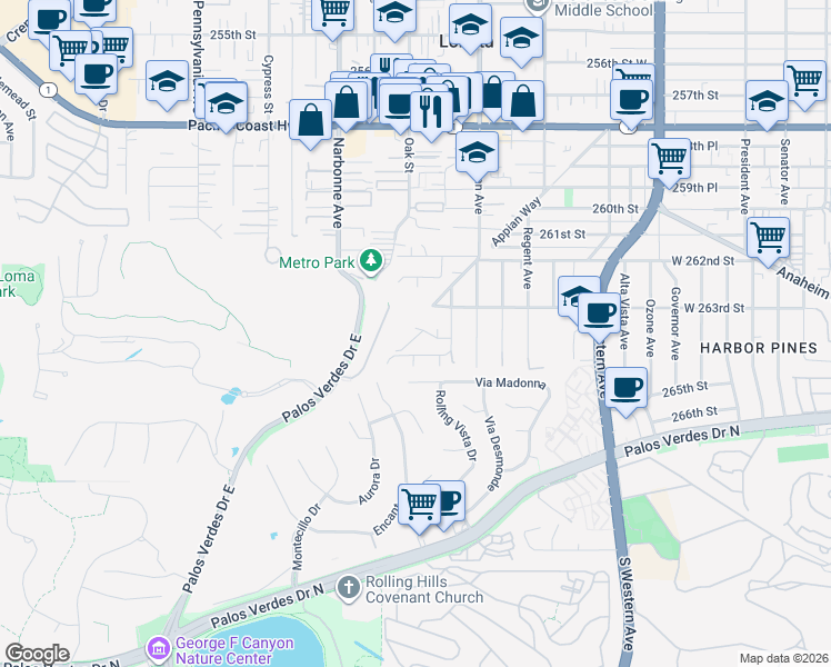map of restaurants, bars, coffee shops, grocery stores, and more near 26405 Ovid Avenue in Lomita