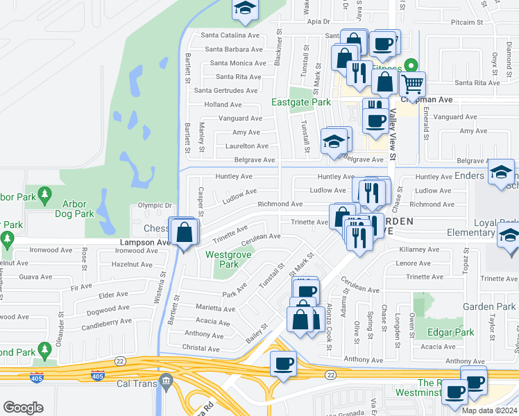 map of restaurants, bars, coffee shops, grocery stores, and more near 5532 Richmond Avenue in Garden Grove