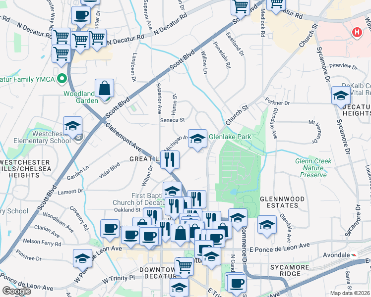 map of restaurants, bars, coffee shops, grocery stores, and more near 156 Erie Avenue in Decatur