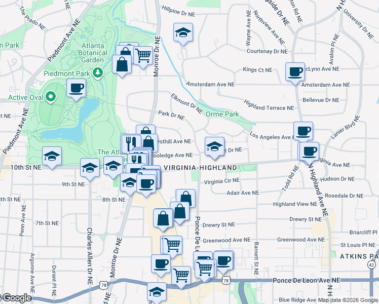 map of restaurants, bars, coffee shops, grocery stores, and more near 704 Cooledge Avenue Northeast in Atlanta