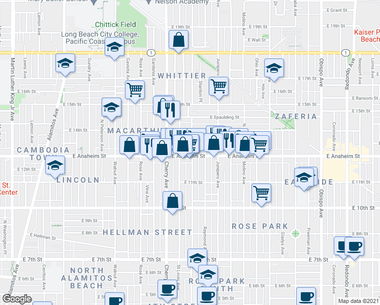 map of restaurants, bars, coffee shops, grocery stores, and more near 2153 East Anaheim Street in Long Beach