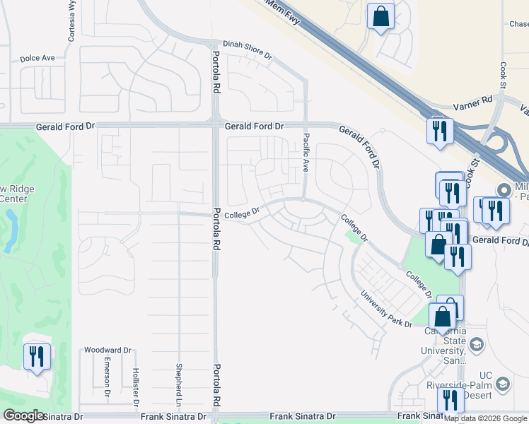 map of restaurants, bars, coffee shops, grocery stores, and more near College Drive in Palm Desert