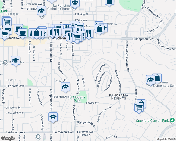 map of restaurants, bars, coffee shops, grocery stores, and more near 12298 Circula Panorama Place in Santa Ana